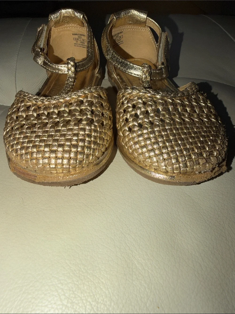 Zara Metallic Gold Woven T-Strap Girls' Sandals